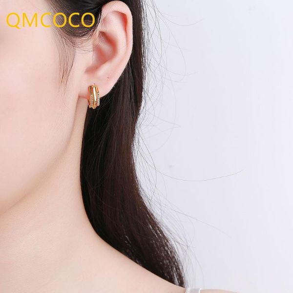 

hoop & huggie qmcoco 925 silver personality three-layer twist line earring design woman geometry zircon small earrings for party jewelry, Golden;silver
