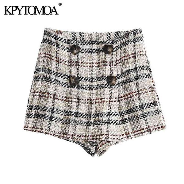 

women chic fashion with buttons check tweed shorts skirts vintage high waist back zipper female skort mujer 210421, White;black