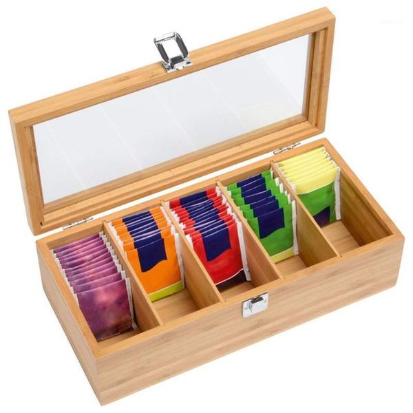 

bamboo wooden tea box five grids coffee sugar bag instant sweetener black storage bottles & jars