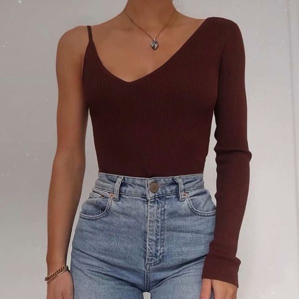 

women's sweaters women autumn sprint fashion single sleeve knitted pullover stylish girl asymmetry za brown ladies elastic ws, White;black