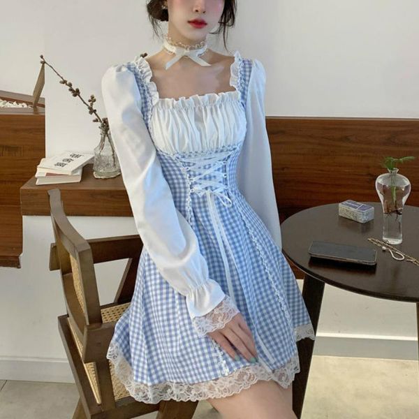 

casual dresses japanese sweet plaid dress women mini lace patchwork vintage female 2021 long sleeve korean wedding party fairy, Black;gray