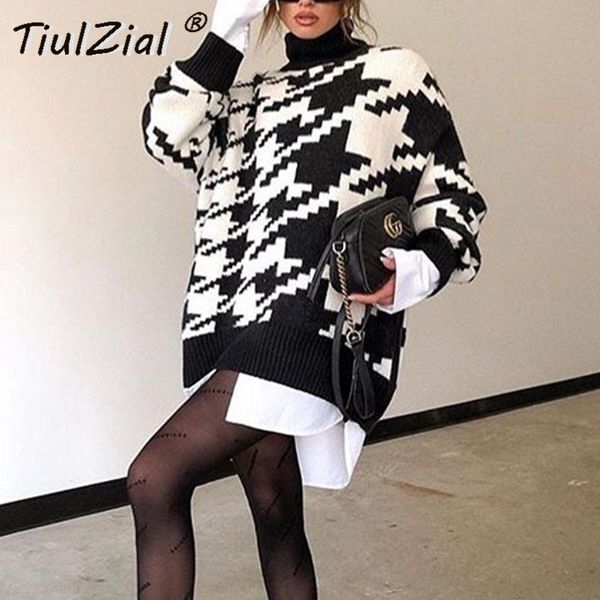 

tiulzial autumn women turtleneck sweater dress long sleeve houndstooth mini 2021 casual winter knitting short dresses, Black;gray