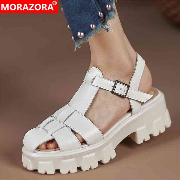 

morazora plus size 34-43 genuine leather sandals women buckle strap square heels cut outs casual dress shoes summer ladies shoes 210506, Black