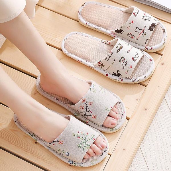 

women casual floral indoor home slippers flower soft spring autumn flip flops female linen slides, Black