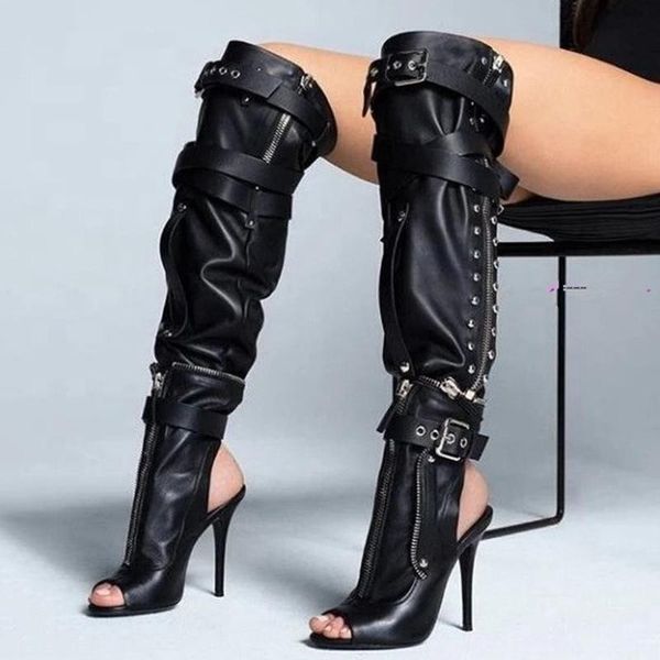 

boots detachable design round open toe thin heel women over knee high buckle straps long booties customized big size 47, Black