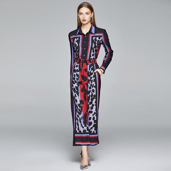 

women's two piece pants europe fashion spring office lady outfit elegant women runway set vintage print long sleeve shirt and suit sets, White