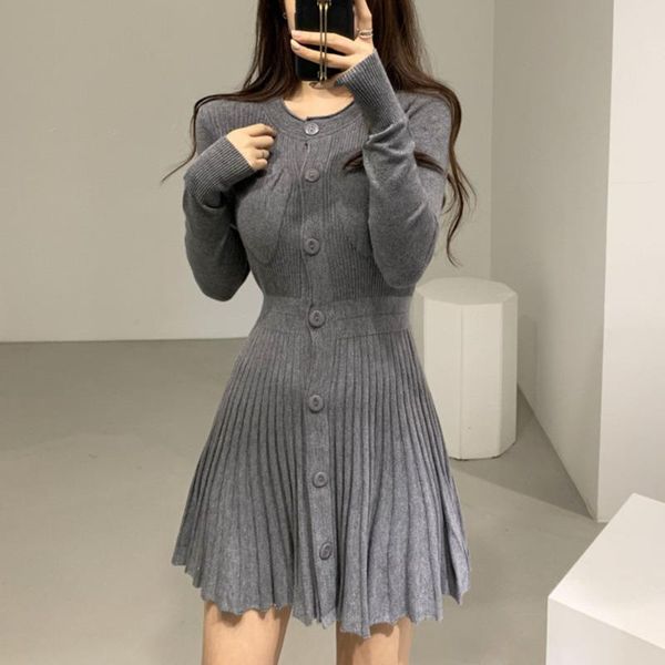 

casual dresses korean single breasted knitting mini dress women autumn winter buttons knitted sweater pleated robe femme vestidos, Black;gray