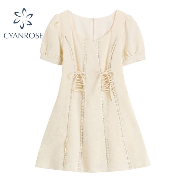 

summer retro stitching wood ears cross lacing up dress women's fashion french chic lace puff short sleeve mini vestiods 210430, Black;gray