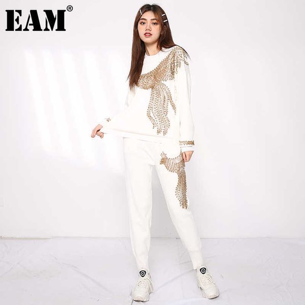 

[eam] wide leg pants knitting two piece suit round neck long sleeve loose fit women fashion autumn winter 3ac224 210930, White