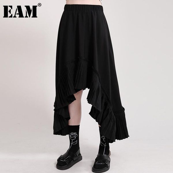 

skirts [eam] high elastic waist black ruffles irregular casual pleated half-body skirt women fashion spring autumn 2021 1dd8142