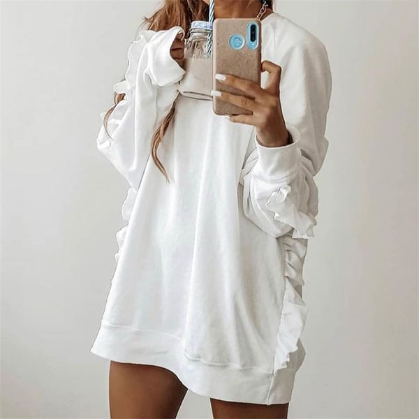 

fall winter casual ladies stringy selvedge hoodies dress white long sleeve round collar loose basic patchowrk women clothes 210517