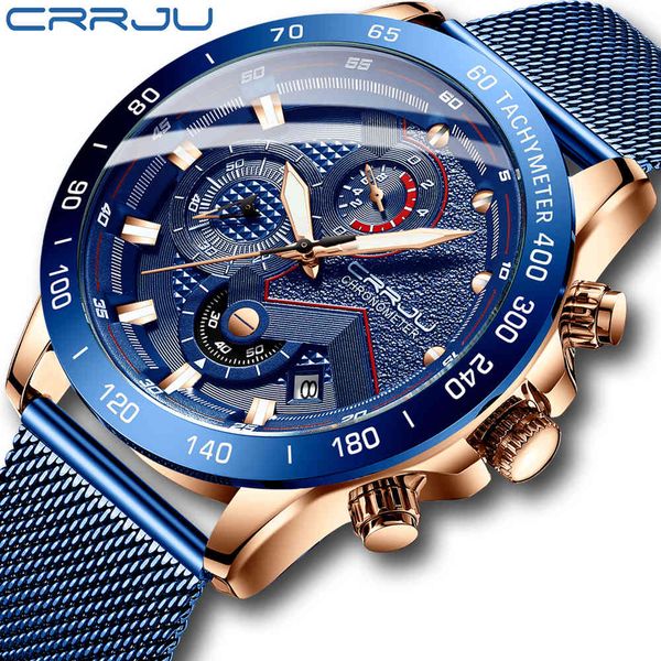 

crrju fashion mens watches luxury wristwatch quartz clock blue watch men waterproof sport chronograph relogio masculino 210517, Slivery;brown