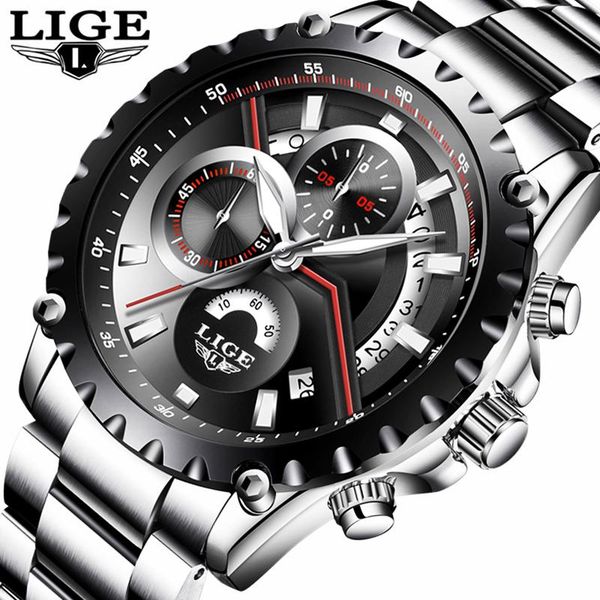 

wristwatches lige men watch fashion sport quartz watches mens full steel business waterproof casual relogio masculino, Slivery;brown