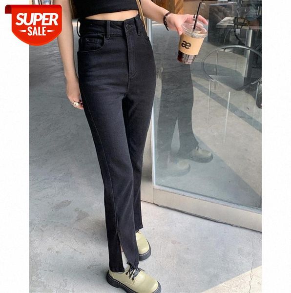 

ins women's trouser leg slits high waist slim straight jeans women #tu1b, Black;gray