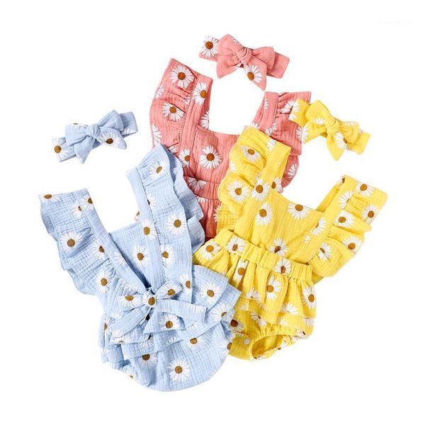 

jumpsuits born baby girl ruffled sleeveless backless romper floral jumpsuit headband outfit sunsuit1, Blue