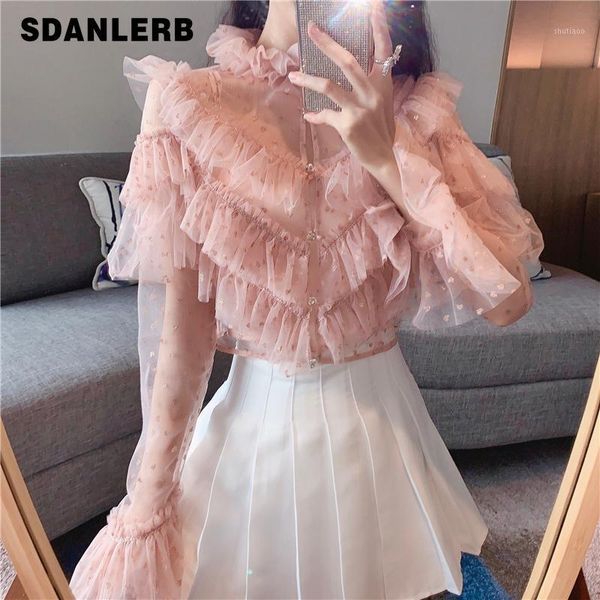 

blouse women 2021 early autumn fairy sweet cute bronze mesh shirt elegant ladies gauze blouses shirts blusas women's &, White