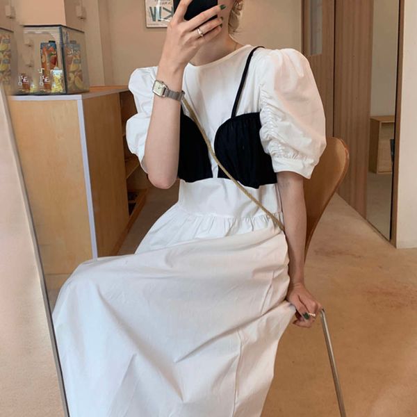 

casual dresses dress women clothessouth summer crowd temperament round neck bra stitching contrast pleated bubble sleeve fake two piece for, Black;gray