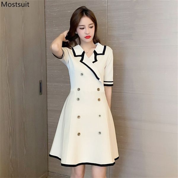 

summer spring elegant vintage short sleeve knitted dress women korean plus size buttons slim a-line mini party dresses 210513, Black;gray