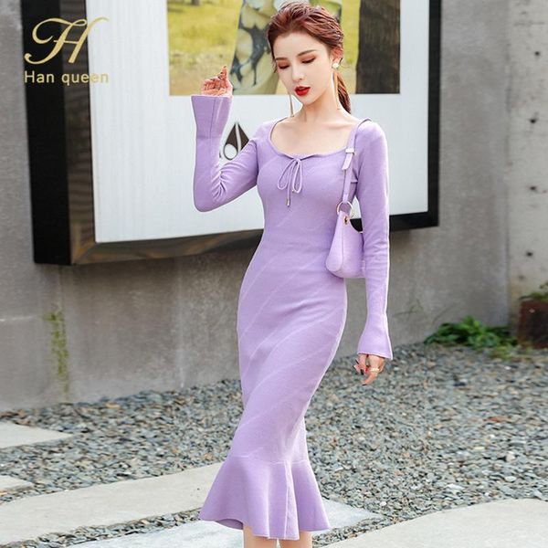 

han queen autumn women vintage knitted dresses office sheath mermaid dress elegant simple sweater bottoming vestidos 2021 casual, Black;gray