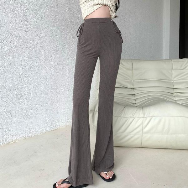 

women's pants & capris women knitted suit solid color black grey autumn thin high waist loose wide leg flared trousers, Black;white