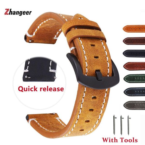 

watch bands quick release retro genuine leather watchband crazy horse vintage full strap for gears3 watches accessories 18-24mm belt, Black;brown