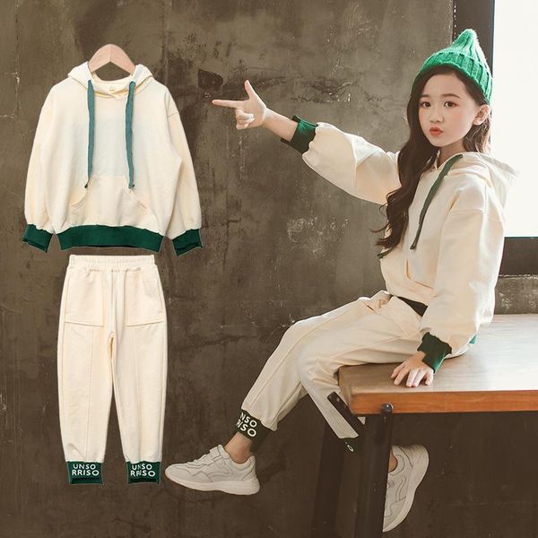 

clothing sets teenage hooded spring autumn warm children girls suit sweatshirts jeans 2pcs/sets red kids sport school high quality, White