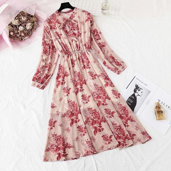

casual dresses chiffon womens for autumn 2021 green flower pattern draped leaf print dress knee elasticity waist, Black;gray