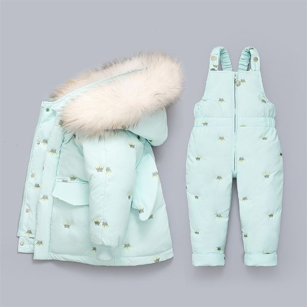 

winter down jacket jumpsuit baby boy parka real fur girl clothes children clothing set toddler thick warm overalls snowsuit 211203, Blue;gray