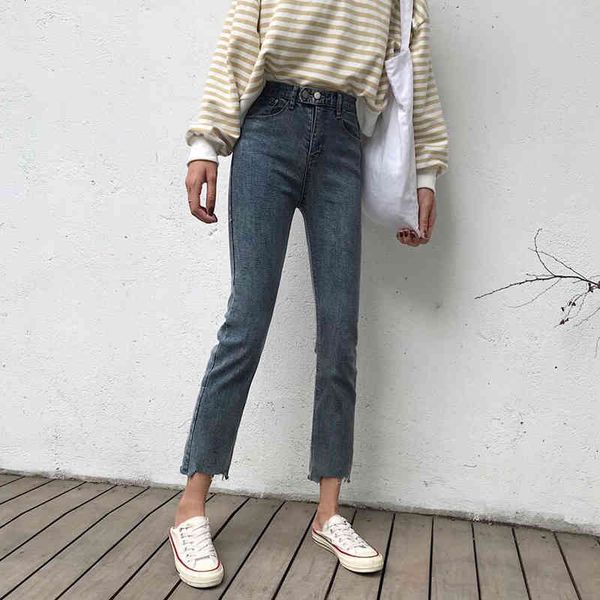 

women's jeans autumn brim pants high waist women loose in straight line ankle length all-match thin cotton denim female f91j, Blue