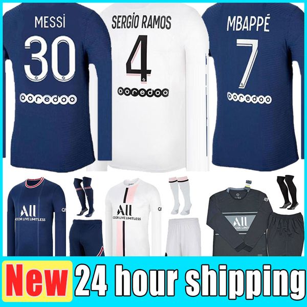 

long sleeve 21 22 messi mbappe kean soccer jersey sergio ramos marquinhos verratti kimpembe maillots de football shirt icardi di maria draxl, Black;yellow