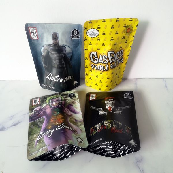 

new arrival 3.5g mylar bags gas face peanut butter bags backpack boyz hustle hard crazy down 420 dry herb flower packaging