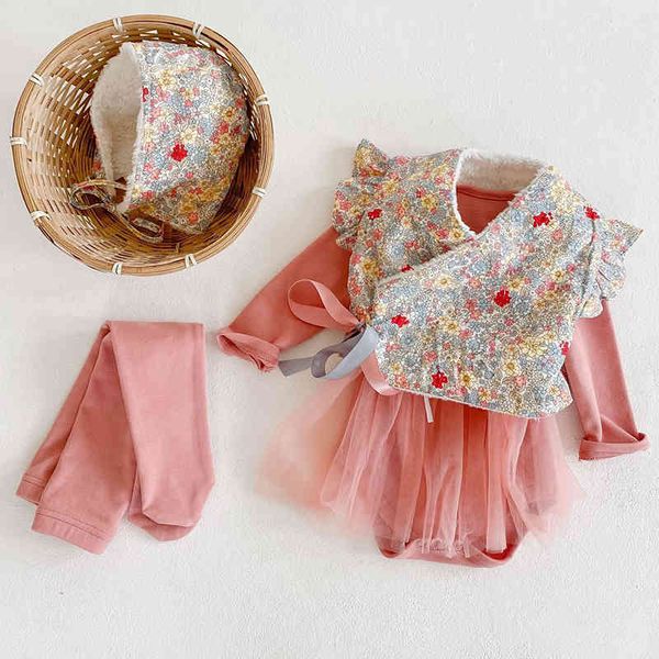 Bebek Bebek Kız Yelek + Uzun Kollu Tulum Külotlu-Hortum Giyim Setleri Sonbahar Kış Çocuklar Kız Takım Elbise Giysileri 210429