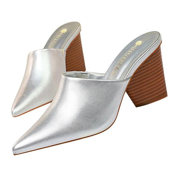 

slippers 2021 summer slides women .5cm high heels block mules casual silver low fetish chunky nude prom shoes, Black