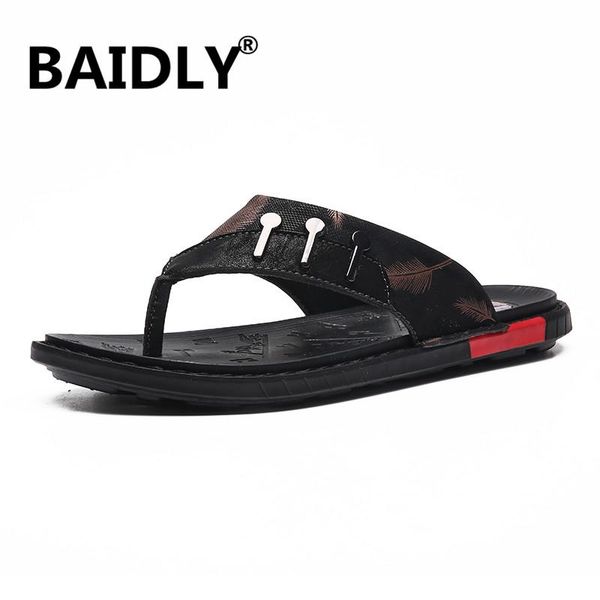 

summer leather men flip flops fashion non-slip beach slippers massage outdoor sandals comfort casual shoes sandalia masculina, Black