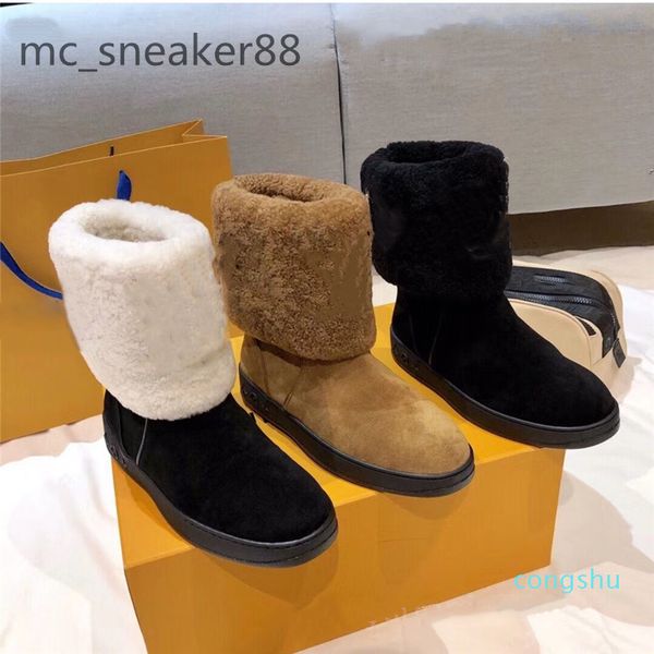 

2021 designers snow boots women fashion soft leather flat girls casual winter brown shoe with fur half boot black s112