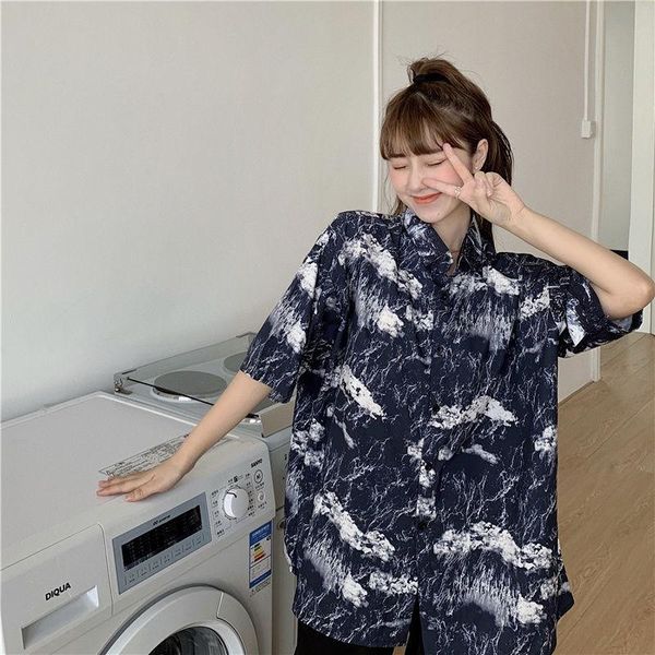 

women's blouses & shirts 2021 spring summer tie dye printing blouse hong kong style short sleeve harajuku fashion women button up shirt, White