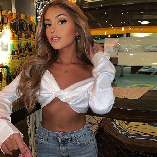 

women's t-shirt women blouse umbilicus exposure backless v-neck breast wrapping long sleeve shirt for female comfortable and fashionabl, White
