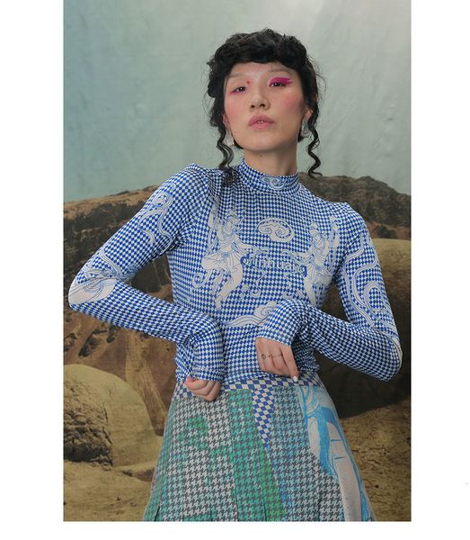 

polo Msxu print turtleneck long sleeve elastic thin fabric hit color t female shirt fashion clothes fall, White