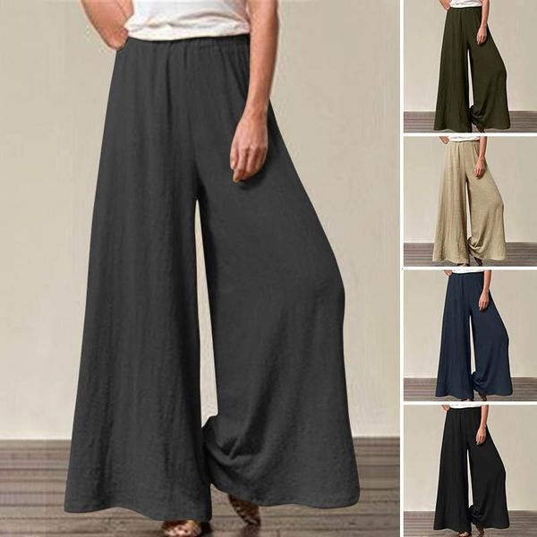 

women's pants & capris women wide leg zanzea autumn long trousers vintage elastic waist solid pantalon female loose flare palazzo, Black;white