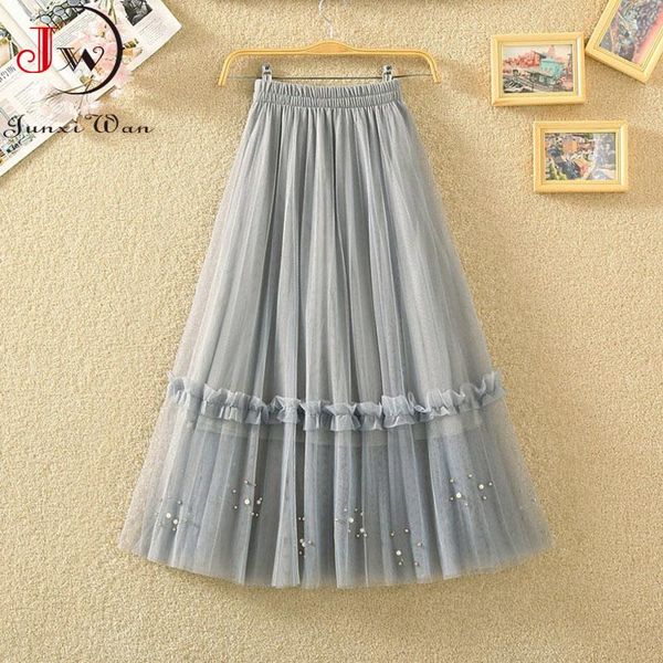 

skirts women mesh fairy mid-calf all-match sweet solid fashion elegant faldas korean style a-line chic office ladies, Black