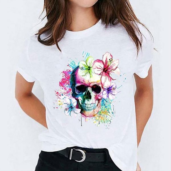 

floral kawaii clothing skull watercolor womens t shirt halloween print female tee graphic, White