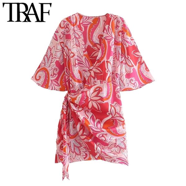

traf women chic fashion with tied pleated printed wrap mini dress vintage v neck half sleeve female dresses vestidos 210729, Black;gray