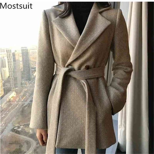 

winter korean thicken woolen women coat belted vintage long sleeve fashion office workwear ladies coats outerwear 210513, Black