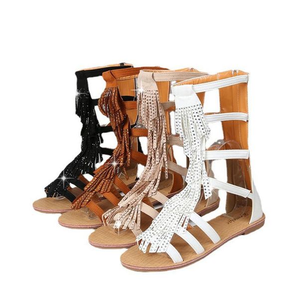 

sandals women's shoes 2021 summer fringed cross straps back bag root fashionable high cut hollow roman, Black