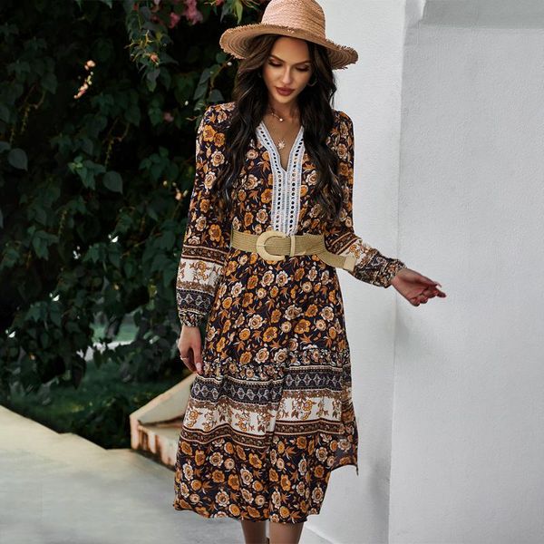 

casual dresses women's midi dress bohemian floral print long sleeve for women v-neck sashes hight waist holiday autumn woman clothing, Black;gray