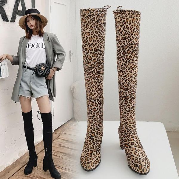 Stiefel und Herbst Winter dicker High Heel Rundkopf Weiche Samt Tuch Gesicht Lange Flanleette Blauwein Rot Leopard Print