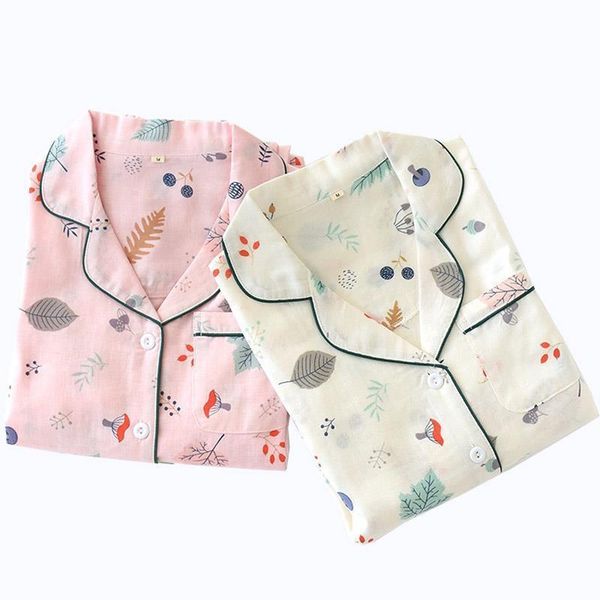 

spring and fall leaves womens sleepwears printed pajamas set femme gauze cotton 2pcs sleepwear clothes pants women loose homewear, Black;red