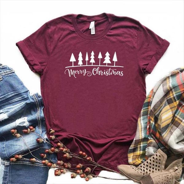 

merry christmas pine tree womens t shirt print cotton casual funny for lady yong girl tee color a 1007, White