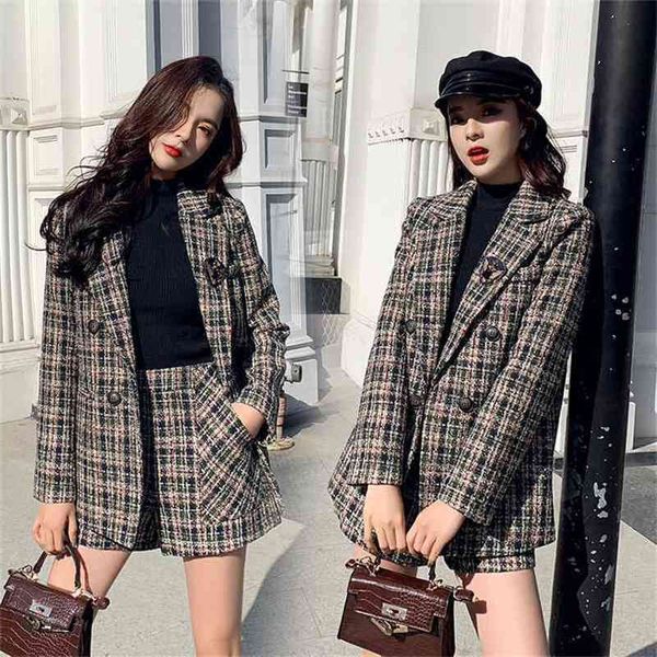 

autumn and winter fashion small fragrant tweed suit jacket + high waist shorts two-piece 210525, White
