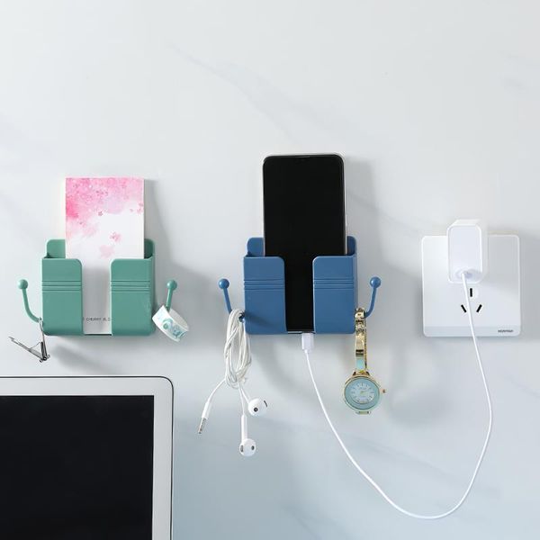 

storage baskets wall-mounted mobile phone holder plastic adhesive remote controller access card bracket with 2 hanging hooks for home